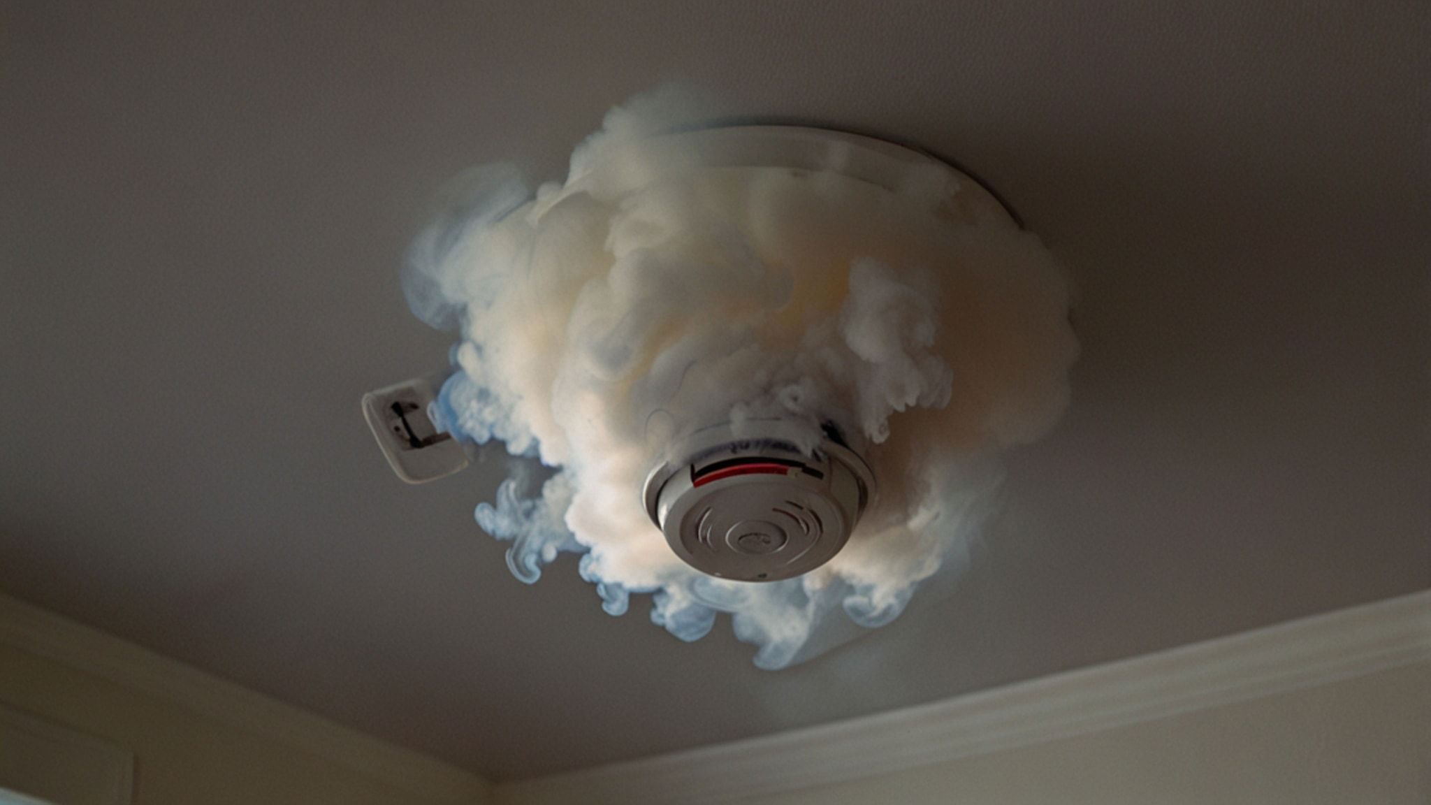 Detector óptico de humo instalado en el techo de una instalación con humo levemente visible activando el sistema